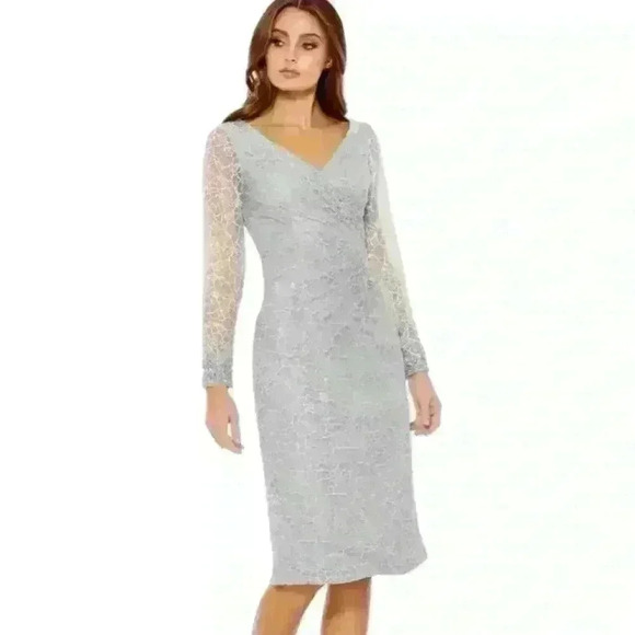 Mac Duggal Long Sleeve V Neck Midi Dress in Platinum 12408 Size 14 NWT - Picture 1 of 14